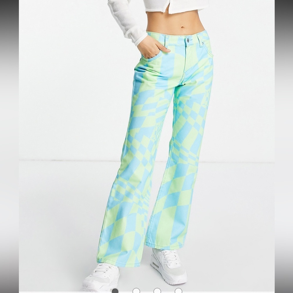 ASOS Blue and Green Checkered Flare Jeans